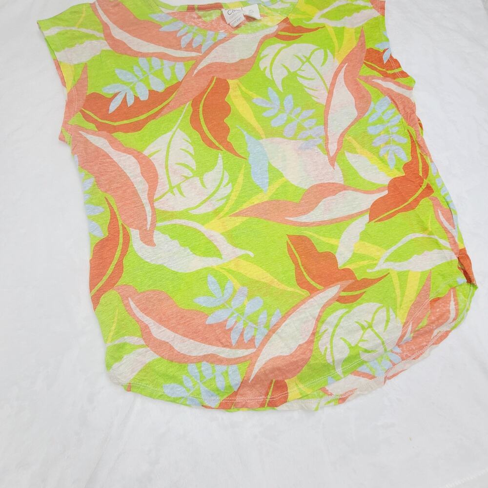C&C California Linen Top Large Tropical Print Neon Green Summer Vacation Blouse - Picture 5 of 6